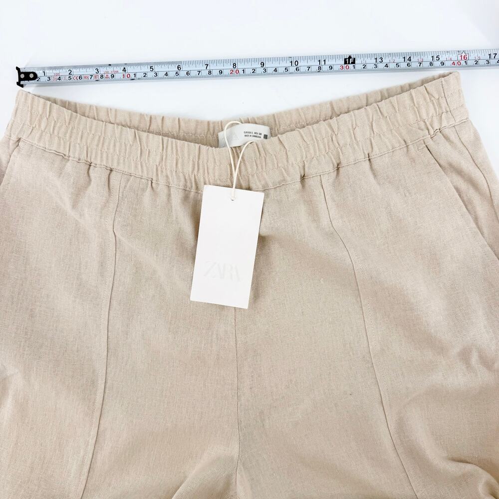 Zara Linen Blend Pull On Cropped Pants Oatmeal Beige Elastic Waist Large NWT - Picture 7 of 11